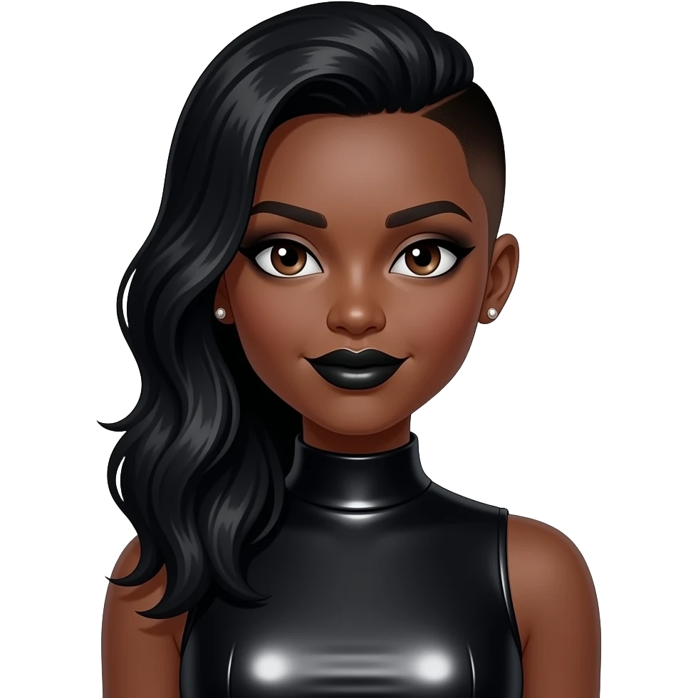 Kaylen from Glamour with dark skin, dark brown eyes, black hair, one side long, one buz cut, black eyeshadow, black lipstick, black metallic high neck dress, earrings emoji