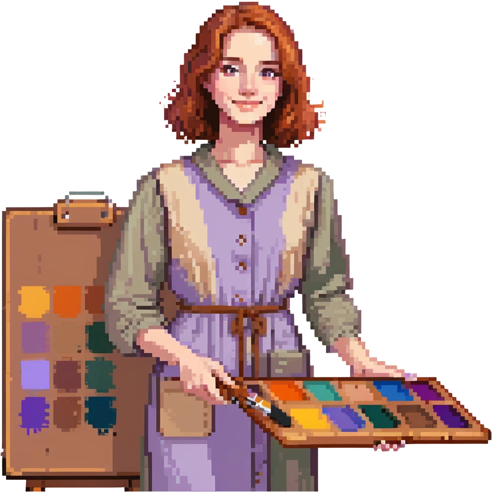 Serene female oil painter, Caucasian features, shoulder-length auburn hair, soft brown eyes, gentle smile, wearing a violet painter’s smock lightly stained with paint over a beige blouse, holding a wooden palette with vibrant colors in one hand and a brush in the other, waist-up, front-facing emoji