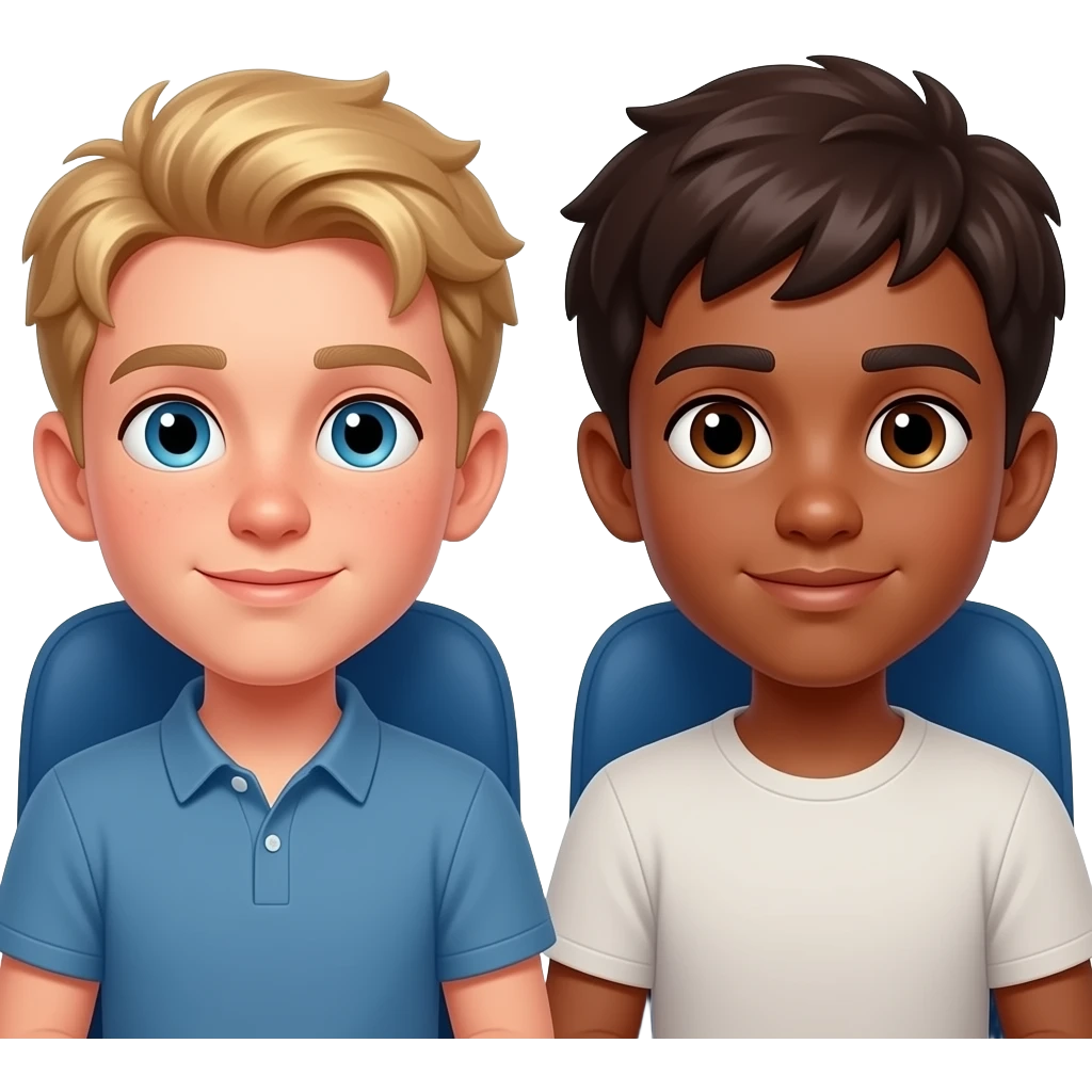 Make a young gay teen couple on a Date , one has light Skin with Blond Hair and Blue Eyes, the other one has slightly brown skin witz dark Brown Hair and Brown Eyes. They are watching a movie together. emoji