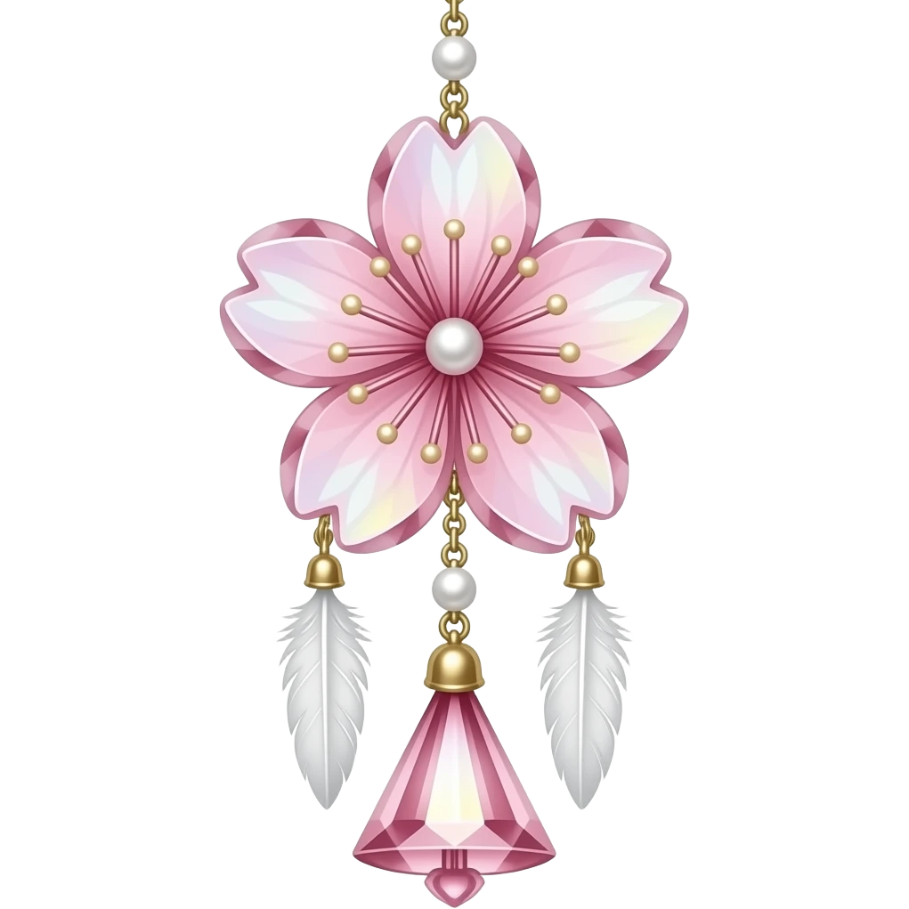 Hanging Iridescent pastel pink sakura crystals white-pearly suncatcher with bells and feathers emoji