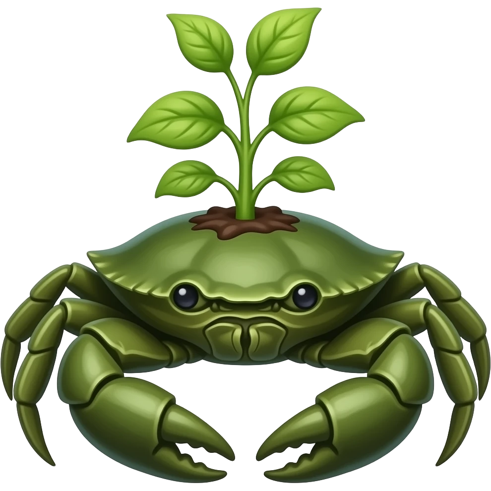 A green crab with a plant growing on its back facing forward emoji