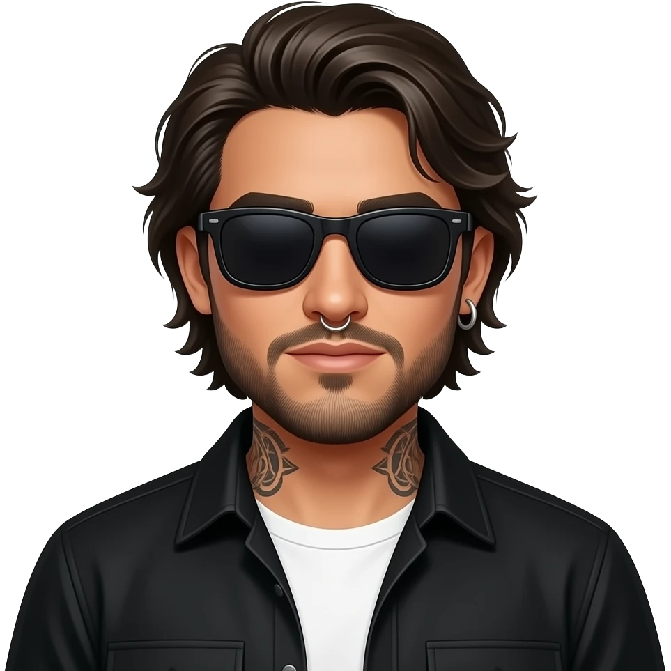 A handsome Latino man with medium length hair and beard and tattoos with a right nose hoop and a left earring hoop wearing all black with a white undershirt and black sunglasses emoji