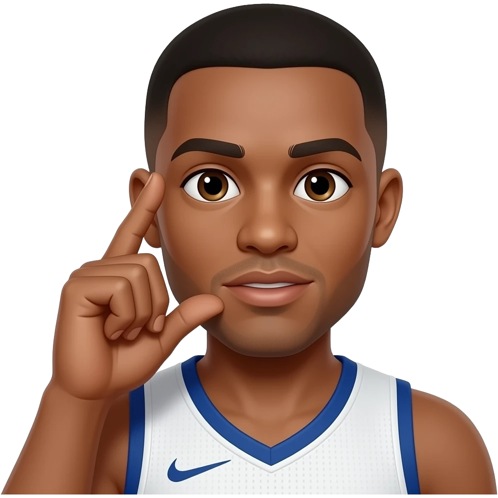 Make the mans skin light brown and a basketball player with his first and second fingers held up to his right ear and his thumb held on his lips like a phone emoji