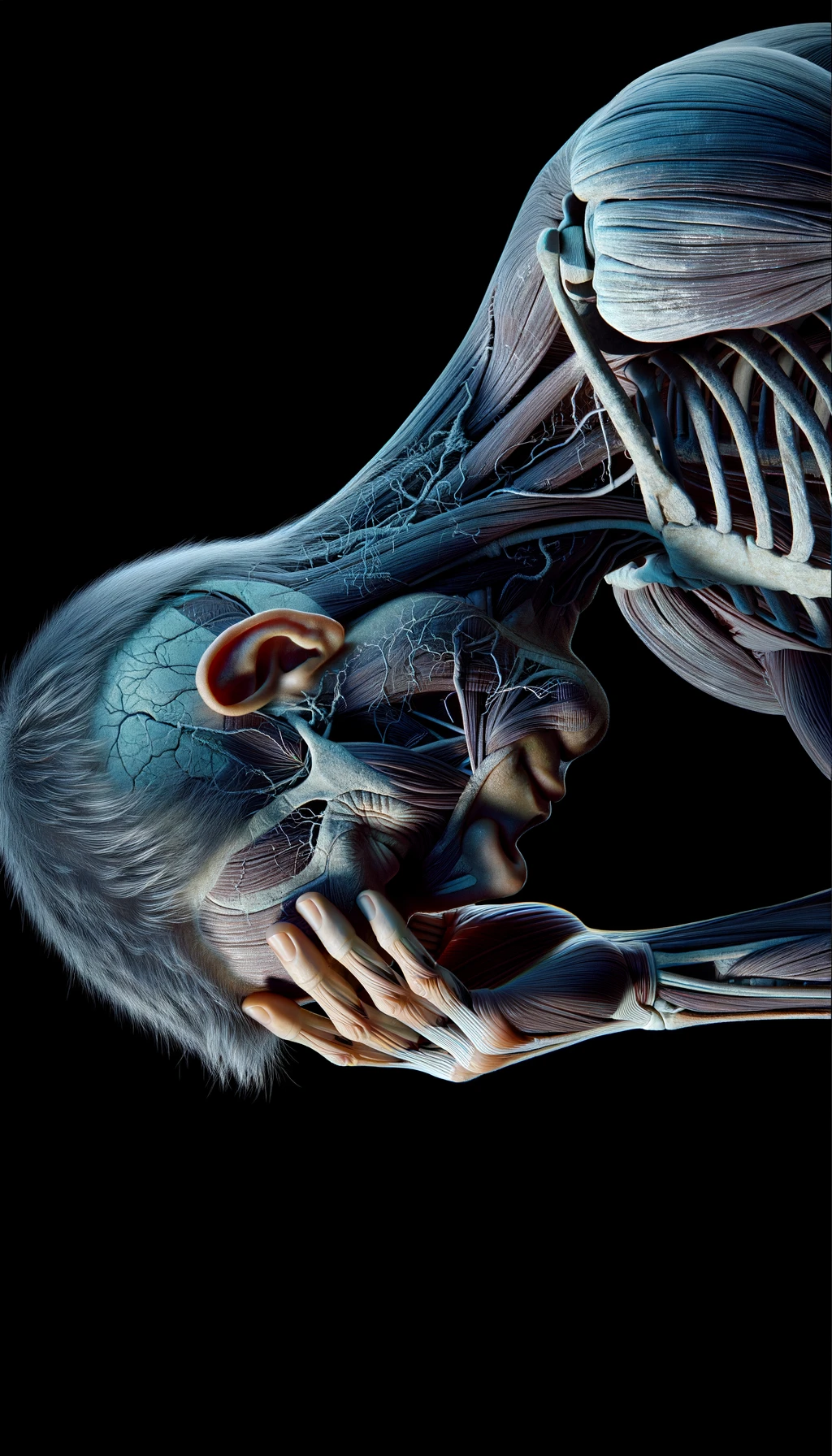 CORPO UMANO ANATOMICO STANCO CON MANO SULLA FRONTE, IPERREALISTICO 4K emoji