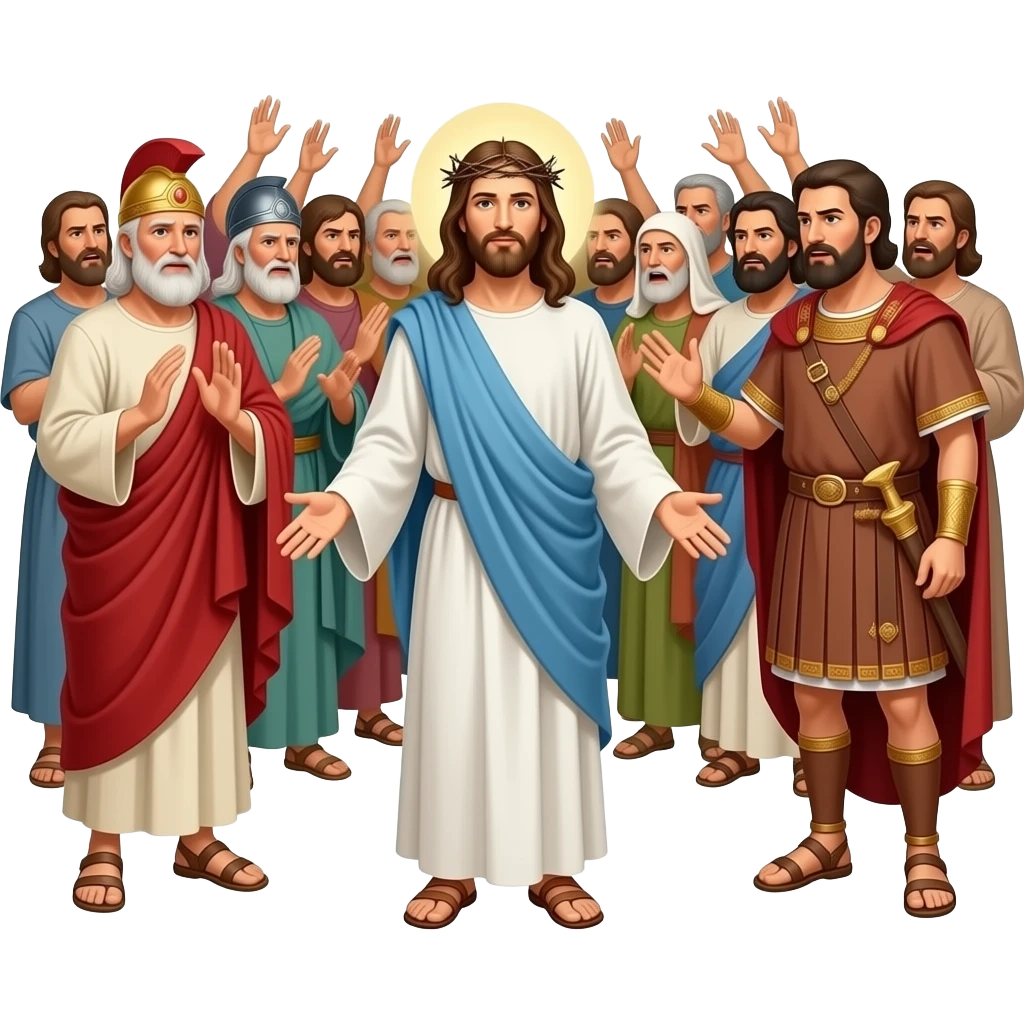Jesus and Pilate in front of an angry mob of Bible people after Jesus has been flogged emoji