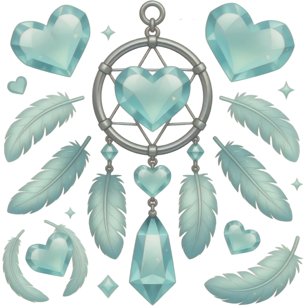 Blue-lime-greenish and silver cold-cool-colored romantic lush beautiful pretty hanging crystal-catcher aesthetic with hearts and sparkles and feathers emoji