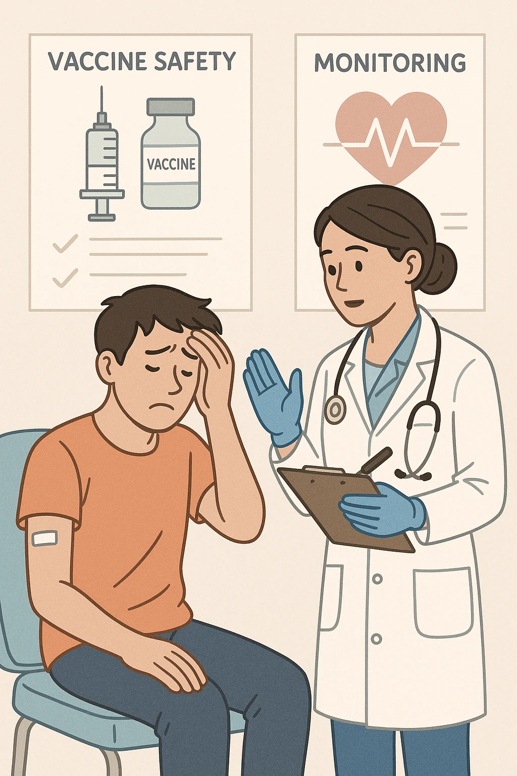 Vertical, educational medical illustration: a healthcare professional observes a patient who appears unwell after receiving a vaccine. The patient sits in a clinic chair, showing mild symptoms such as fatigue or headache, while the professional takes notes and offers reassurance. The background includes educational posters about vaccine safety and monitoring. emoji