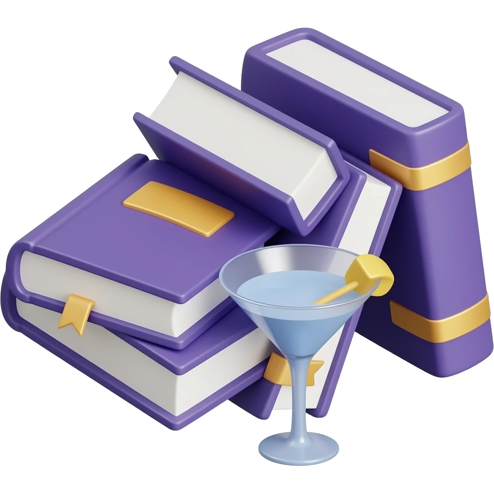 The Library: 3D emoji style, glossy surface, soft shadows, white background, centered, no text, stack of booksfalling over with martini, deep purple tones, emoji
