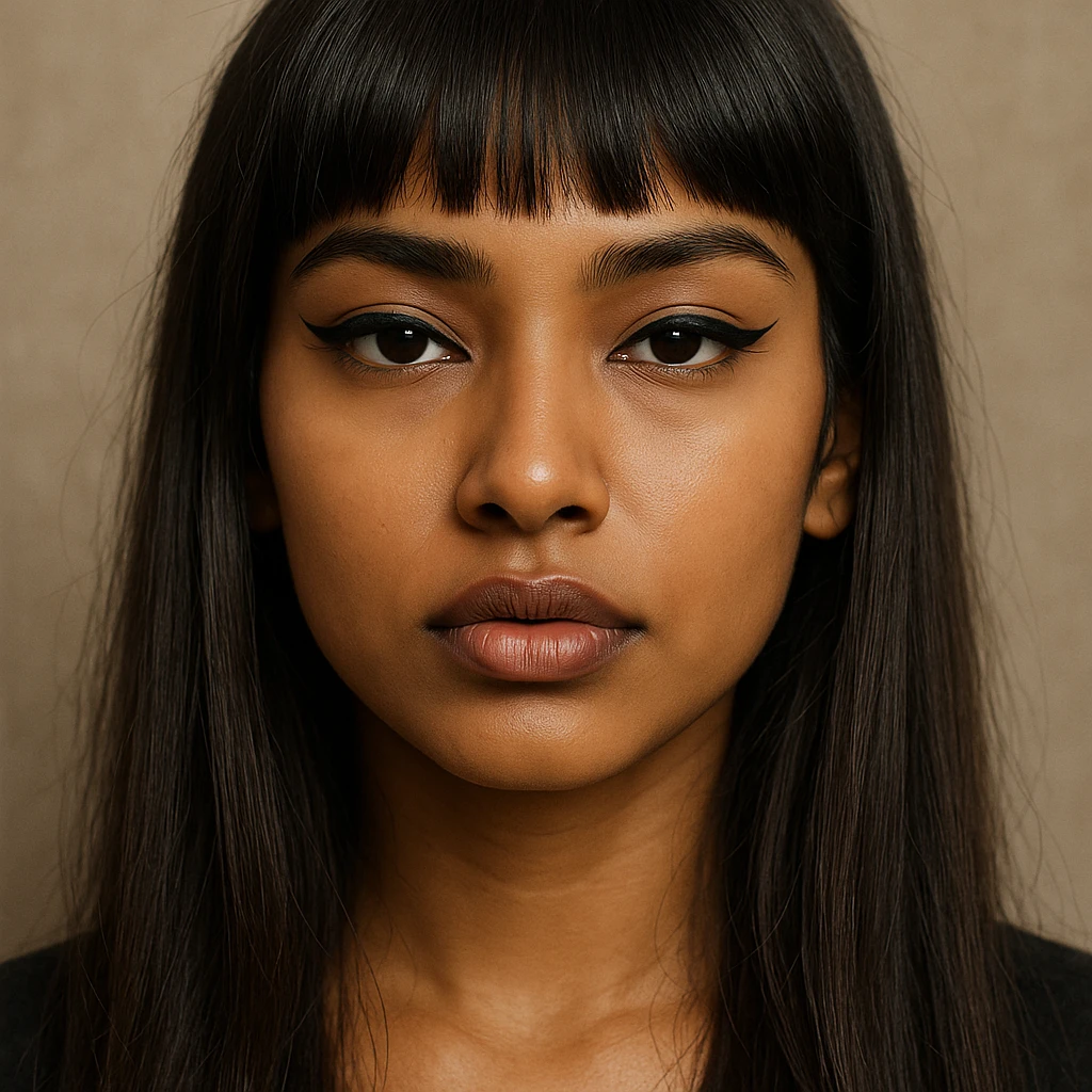 portrait of an Indian girl with straight long hair and a fringe, big lips, slightly slanted eyes, winged eye liner, detailed face, realistic style emoji