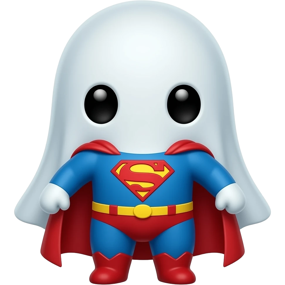 Kawaii solid  ghost with black eyes and dressed lik superman emoji