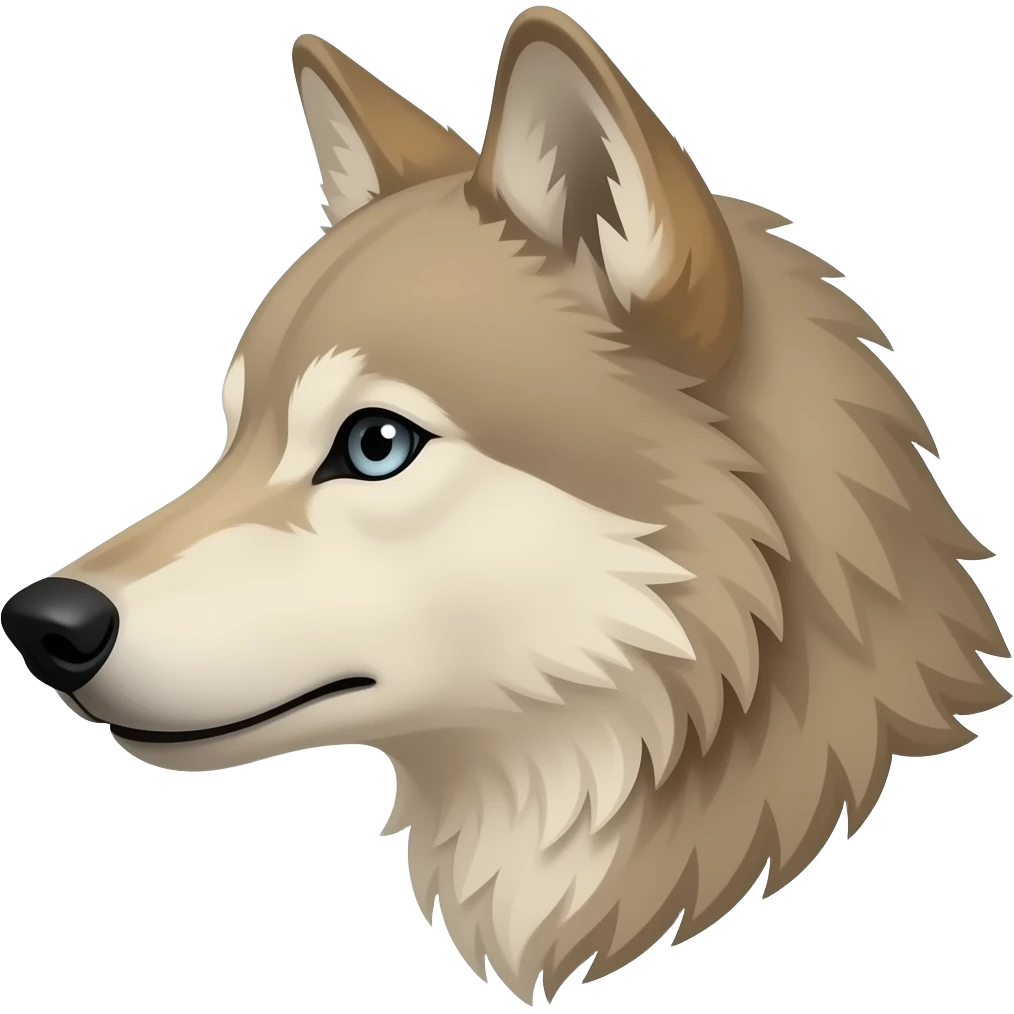A little bit realistic Adult alpha Beige wolf head very realistic Turn sideways light blue gray eyes emoji
