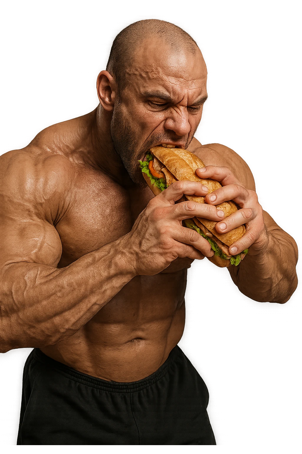 bodybuilder che mangia affamato un panino, iperrealistico 4k emoji