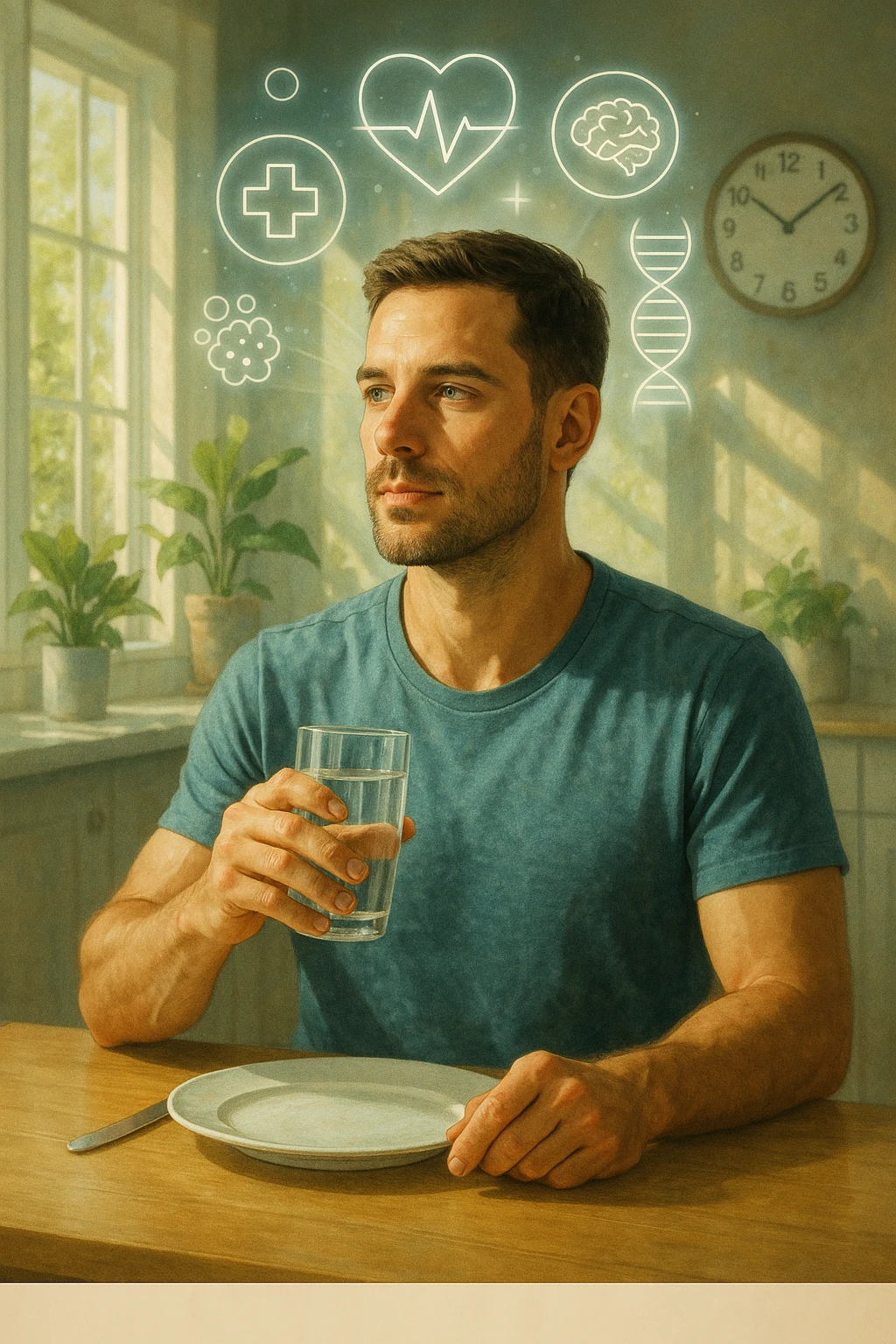 A realistic, cinematic illustration of a healthy, calm man in his early 30s sitting in a bright kitchen in the morning, with an empty plate in front of him and a glass of water in his hand, looking serene and focused. Behind him, the background shows subtle symbols of health: green plants, sunlight streaming in, and a blurred wall clock showing 10:00, symbolizing the fasting window. Above the man, a translucent overlay of medical icons (heart, brain, DNA strand) glows softly, illustrating that intermittent fasting acts as a powerful medicine, not merely a diet. The color palette is fresh and natural, emphasizing health, clarity, and focus. The style is realistic with slight cinematic tones, conveying that the man is using intermittent fasting as a tool for cellular regeneration, inflammation reduction, and health optimization rather than weight loss emoji