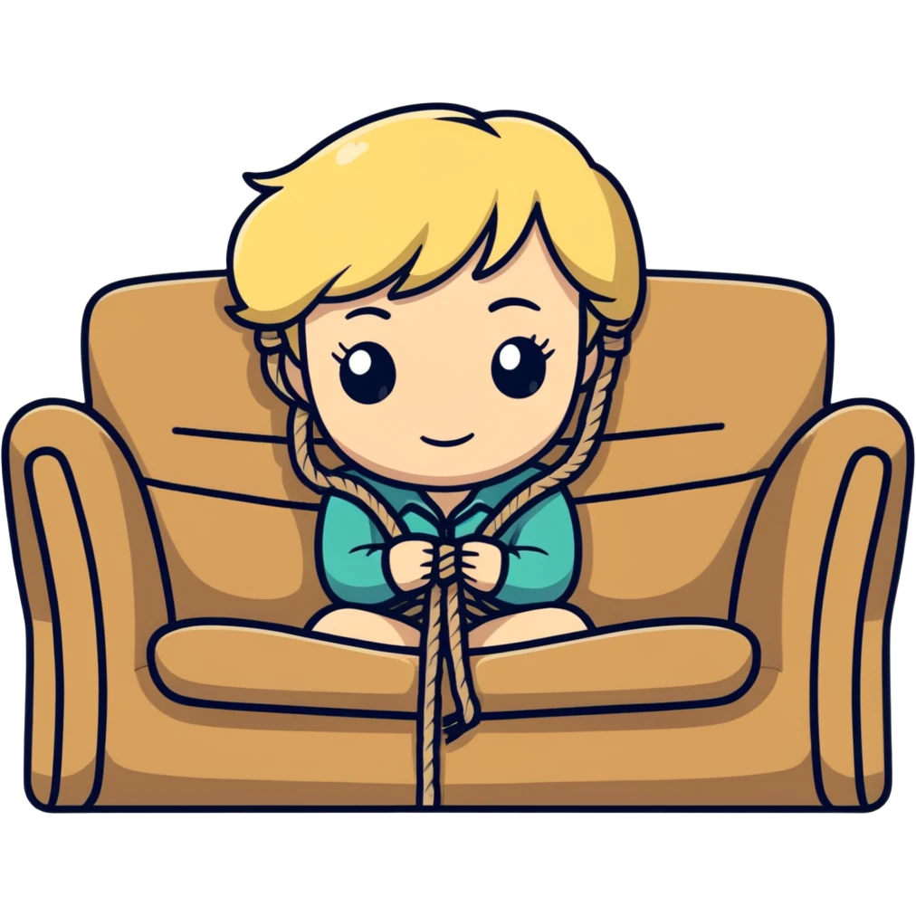 Blonde girl, tied in lots of rope, on sofa emoji