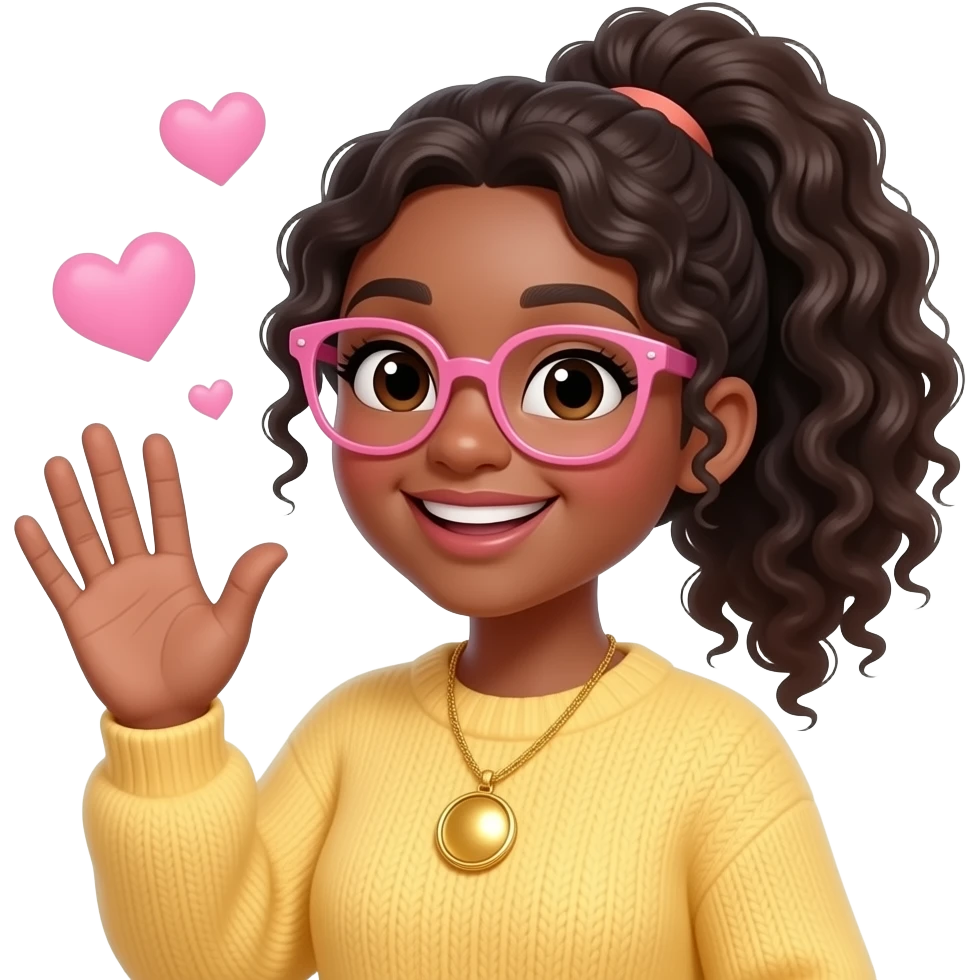 A curvy black pale lightskinned woman with long curly hair in a high ponytail, with pink glasses, wearing a yellow sweater and gold locket, waving at the camera, with hearts in the background emoji