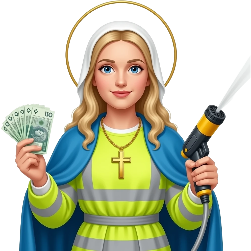 blond virgin marry with gloden cross necklace in neon yellow highviz clothes with a polski złoty bank notes in hand and in left hand power washer wand emoji