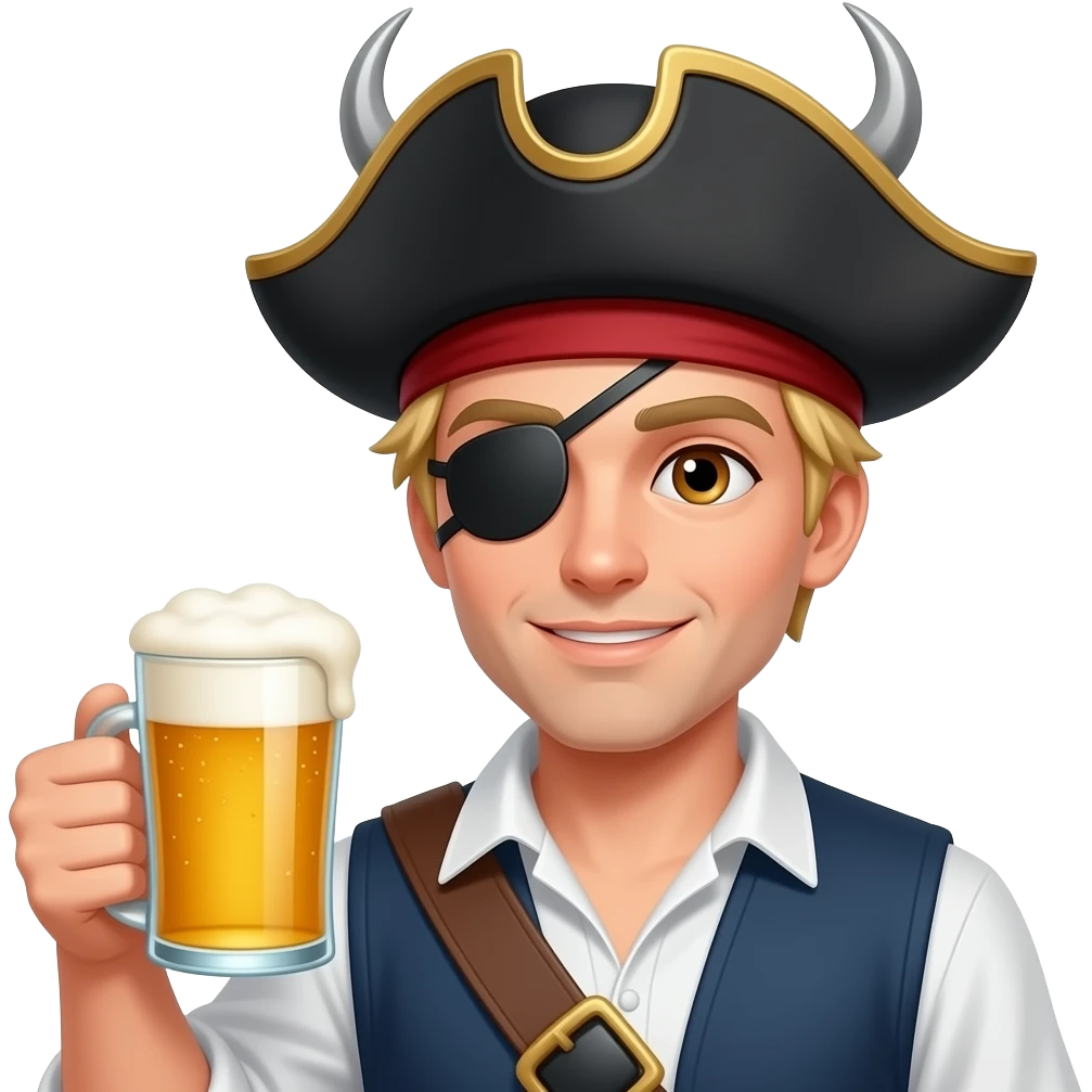 Pirata rubio, ojos cafés, parche en el ojo, gorro garfio con cerveza hombre pelo corto y sin barba emoji