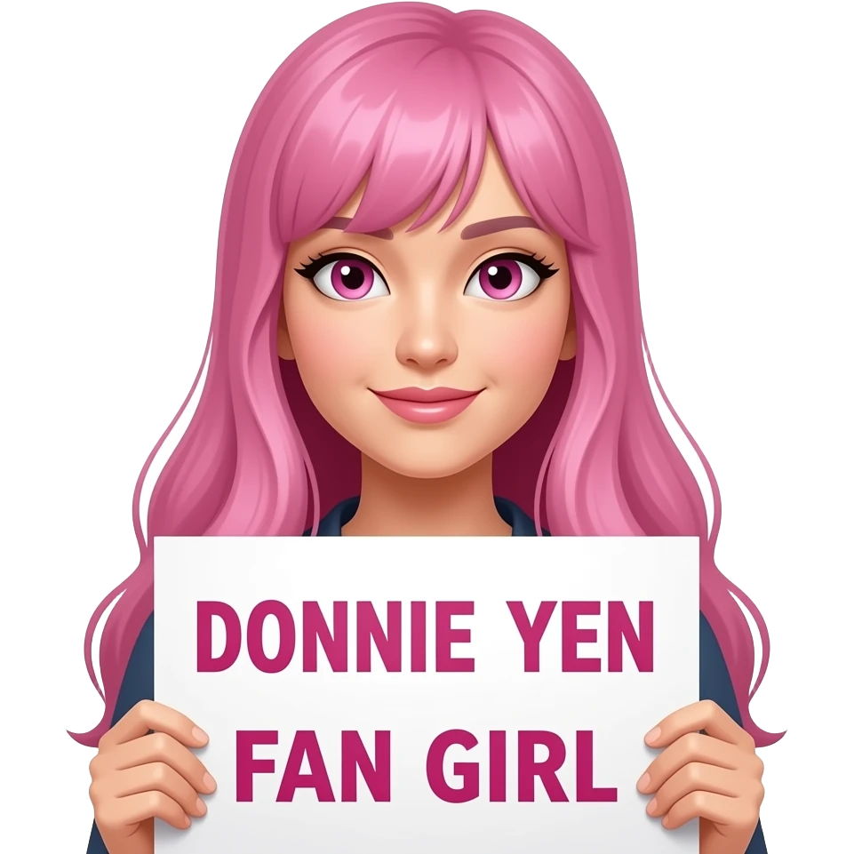 sexy girl with long pink hair and pink eyes holding DONNIE YEN FAN GIRL sign emoji