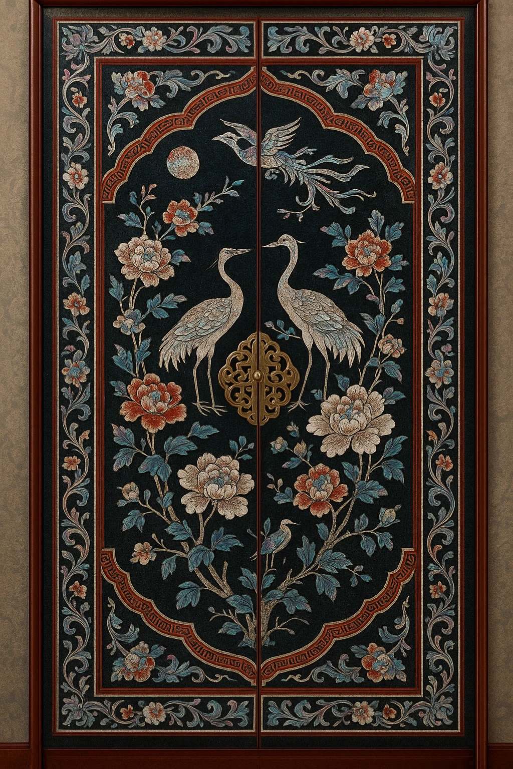 door decorated with traditional Korean mother-of-pearl art, luxurious and delicate atmosphere, intricate and colorful traditional lacquerware patterns, traditional colors and textures emoji