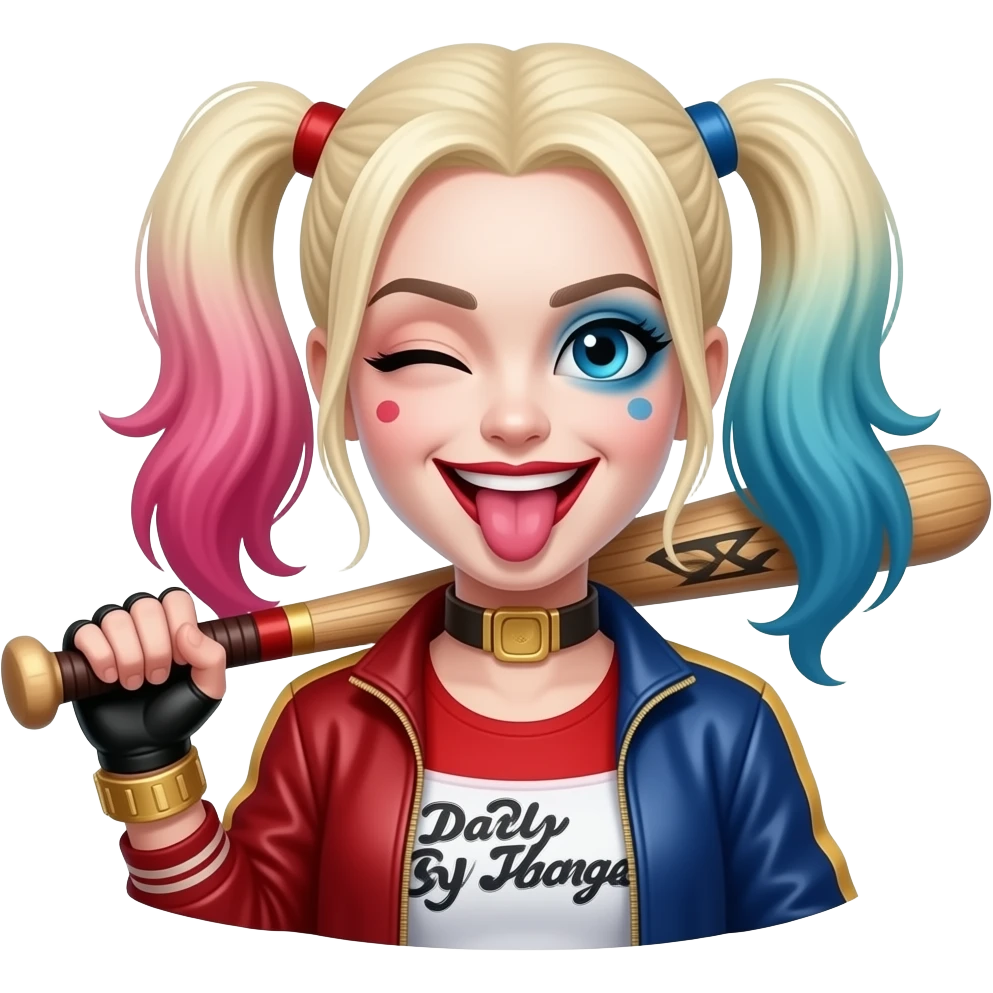 Harley Quinn sticking out her tongue with a wink holding a bat emoji