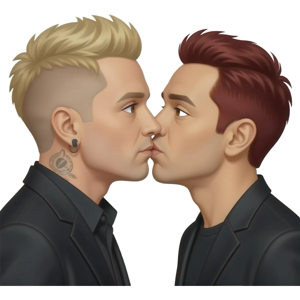 Chester Bennington with brown eyes, blonde hair, black outfit and Mike Shinoda with brown eyes, red hair, black outfit kissing emoji