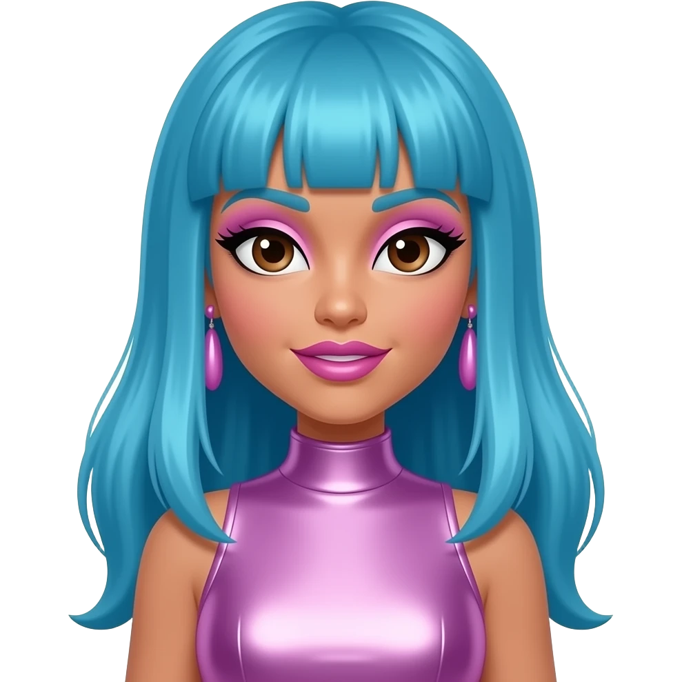 Aja from Jem and the Holograms with brown eyes, long blue 80s rocker bang hair, pink eyeshadow, pink lipstick, lavender pink metallic high neck dress, lavender pink earrings emoji