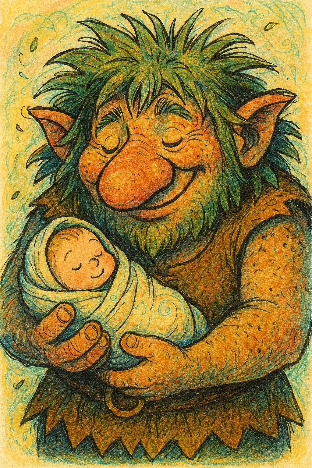 a troll holding a human baby, unique and expressive style, fantasy illustration, whimsical and cartoon style, big nose, wild hair, friendly expression, gently cradling, swaddled baby emoji
