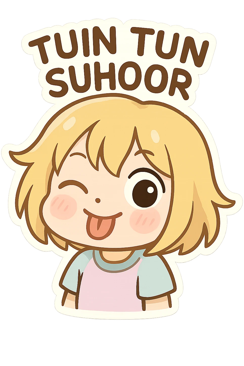 emoji of Tun Tun Suhoor in chibi style, playful silly expression, round face, blonde messy bob, big eyes, small mouth, pastel clothes, blush, meme character, no text emoji