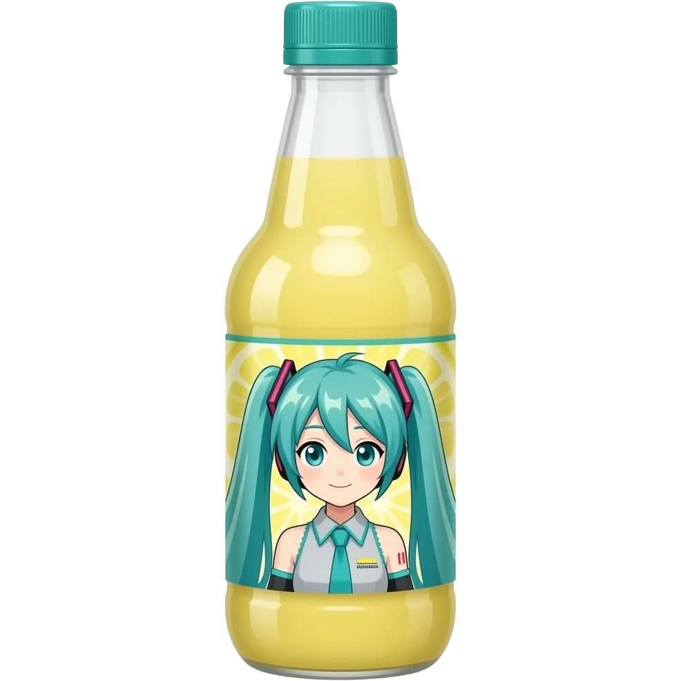 bottle of lemonade, with a miku hatsune label, yellow lemonade, teal cap, label say Kimmy's Special Lemonade emoji