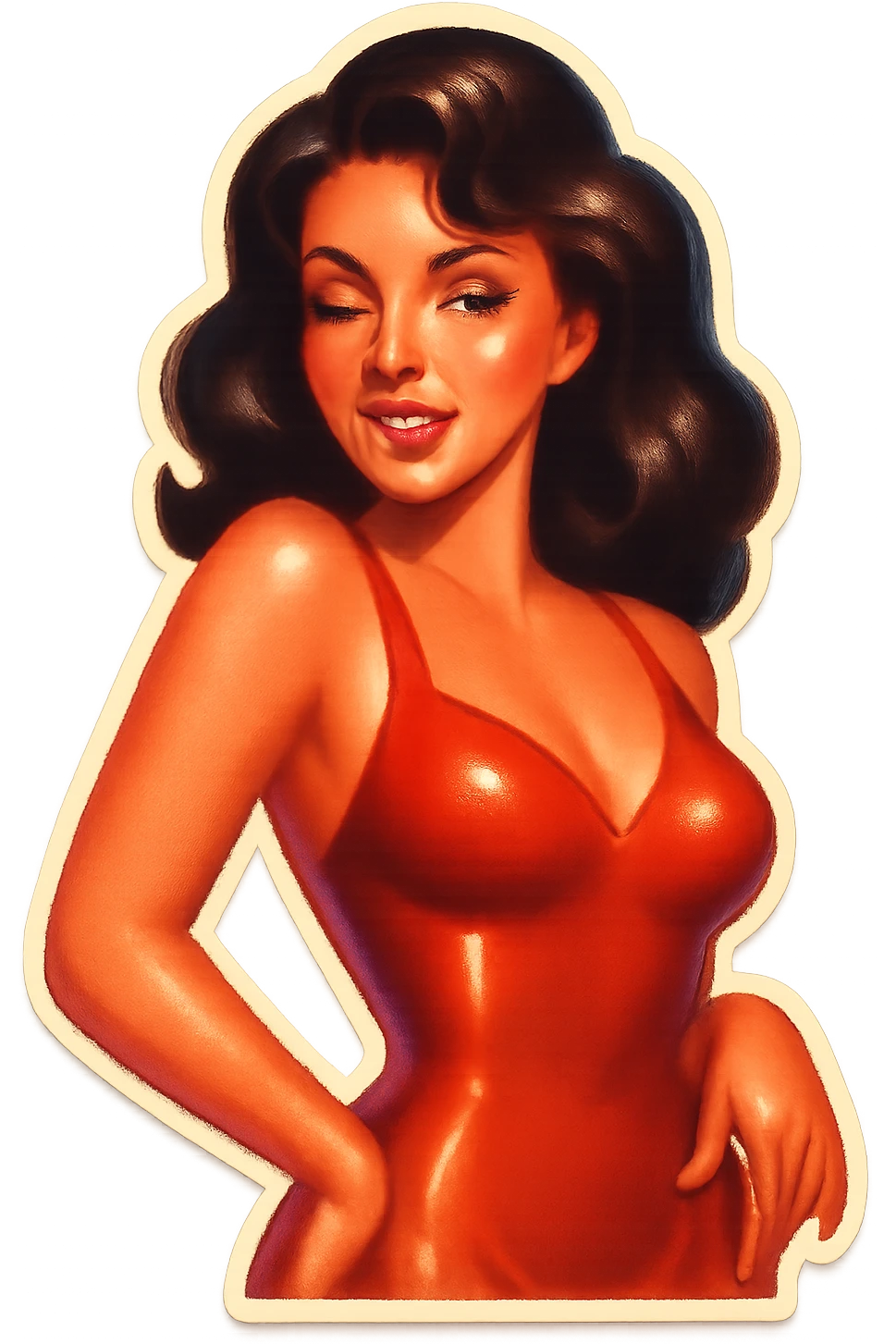 A seductive woman in a red dress, winking and biting her lip, stylized sticker, designed for women who love women emoji