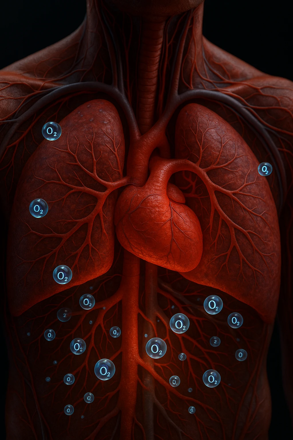 OSSIGENO FLUTTUA IN UN CORPO UMANO ANATOMICO, IPERREALISTICO 4K emoji