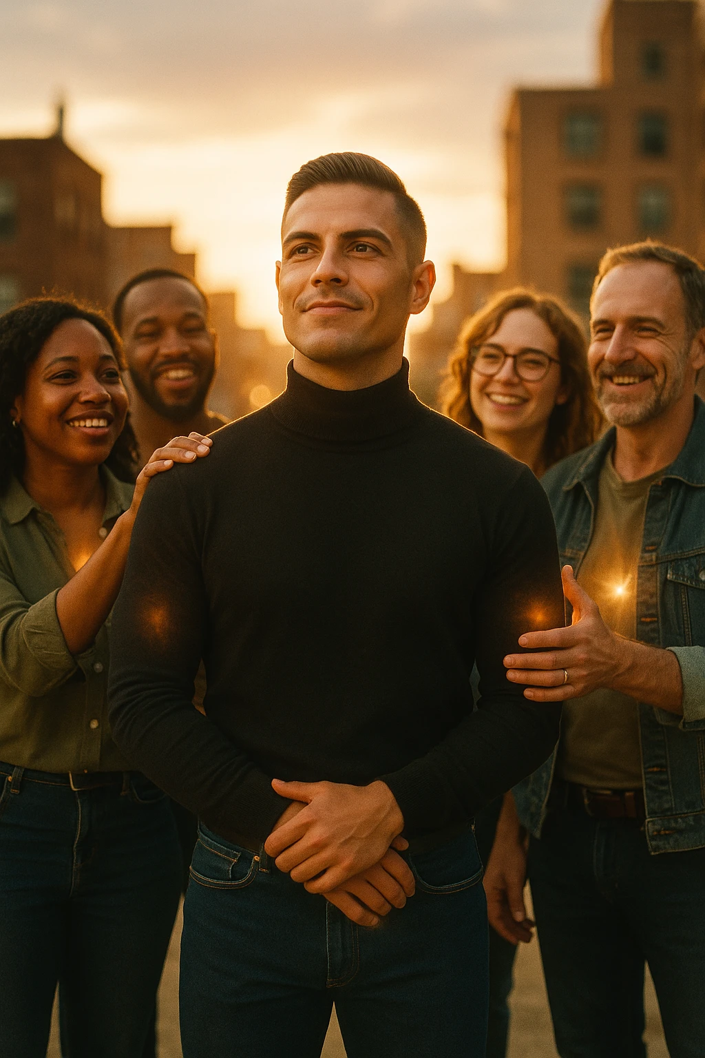 A cinematic scene of a man in his early 30s standing at the center of a sunlit urban rooftop during golden hour, surrounded by a diverse group of supportive, smiling people — friends, mentors, colleagues. They’re standing slightly behind or beside him, hands on his shoulder or gesturing toward him with encouragement. The man looks forward with a confident, inspired expression, body slightly relaxed, as if something inside di lui sta cambiando. The light behind the group forms a halo effect, emphasizing warmth and unity. Subtle visual symbolism: faint glow around their hands and hearts, suggesting their energy is uplifting him. Realistic clothing, modern style — jeans, T-shirts, casual jackets. The mood is inspiring, grounded, and full of potential. Shot in 35mm film style, with rich warm tones, shallow depth of field, and vibrant human detail. emoji