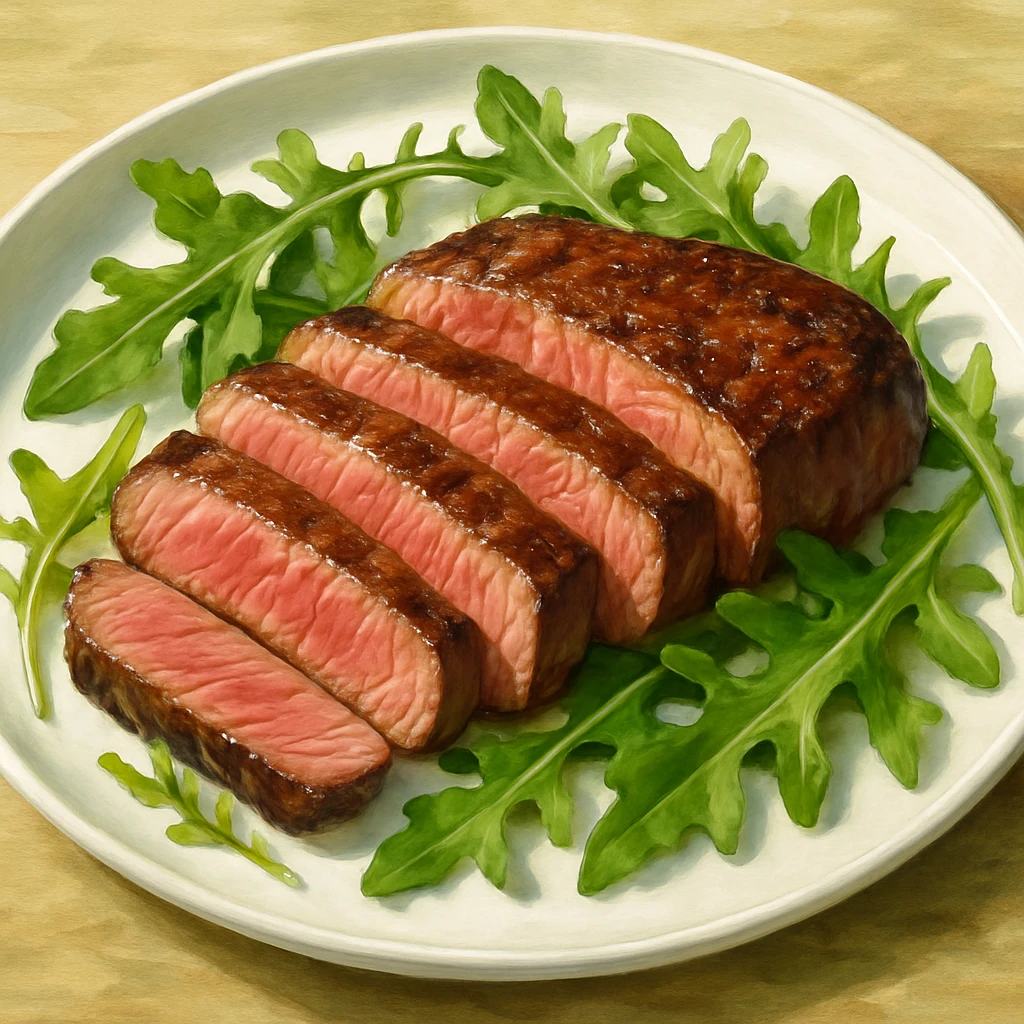 sliced beef steak on a plate with fresh arugula, appetizing, food illustration emoji