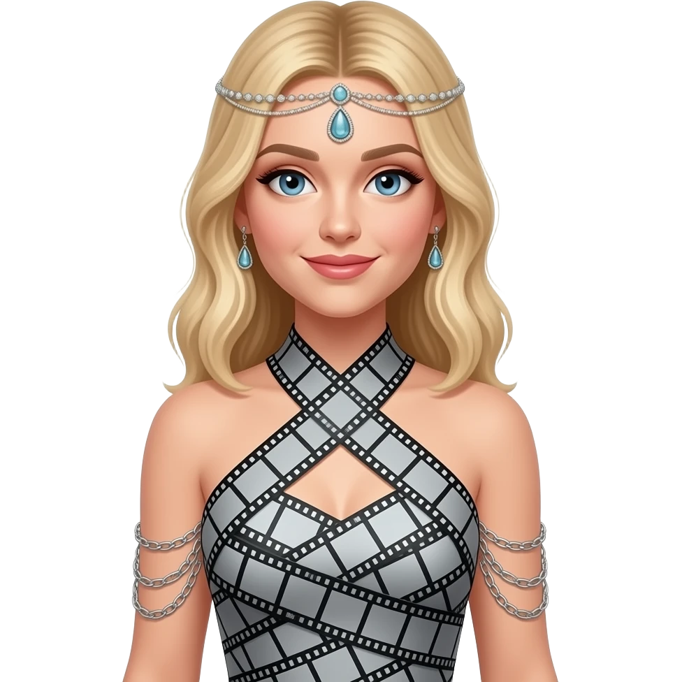 Sabrina carpenter blonde hair wears a halter-neck dress constructed from strips of 35mm film arranged in a diagonal, wrapped pattern across the bodice. She is wearing a jeweled headpiece and silver chains drape from her arms emoji