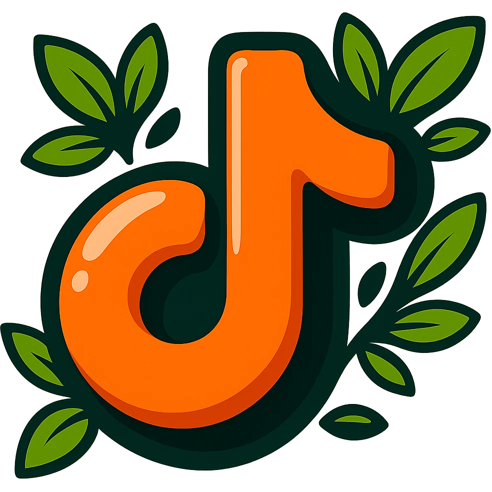 Very rounded, puffy TikTok logo in cartoon style, thick outline, dramatic shadows, shiny highlights, surrounded by vivid leaves, no background. Focus on contours, shadows, and glossy effects, matching the reference style. emoji