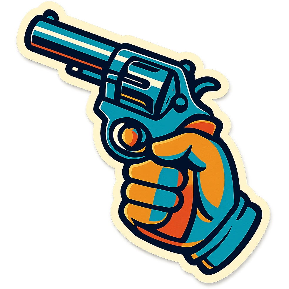 male hand holding a revolver, retro stickers style, clear black outlines, expressive shadows and highlights, no gradients, only sharp color transitions, hand wearing a glove emoji