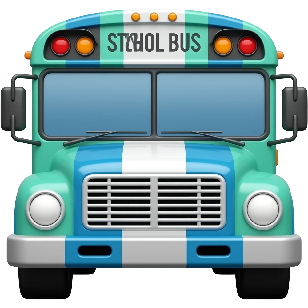 soft blue green school bus front view, transparent background inspired by barbie colour pallete emoji