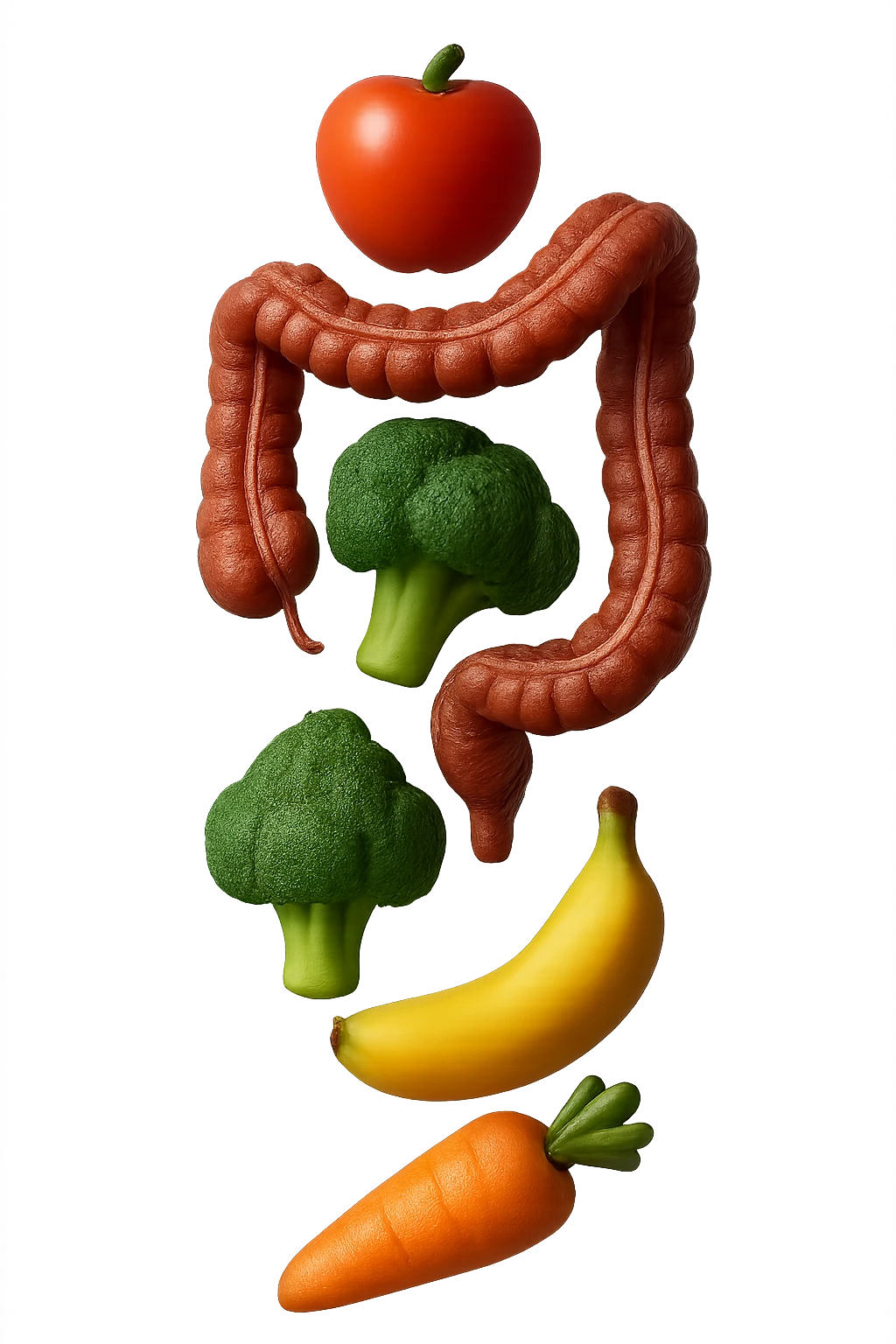 emoji stile iphone in 3d di cibo sano che fluttua in aria vericalmente insieme a pezzi di colon umano anatomico, iperrealistico 4k emoji