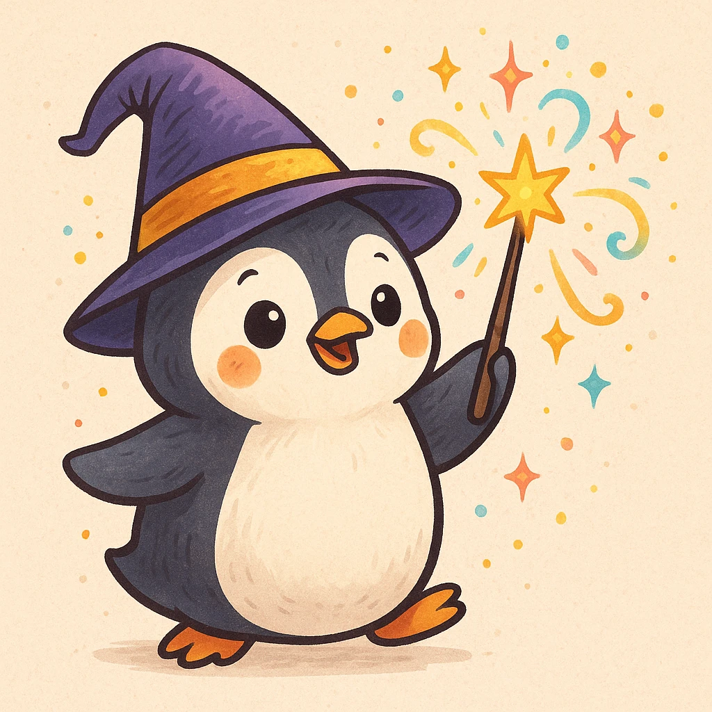 a cute penguin wizard casting a spell, holding a wand, cartoon style emoji