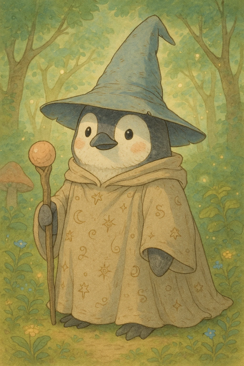 penguin wizard, detailed, whimsical, soft colors, ghibli style emoji