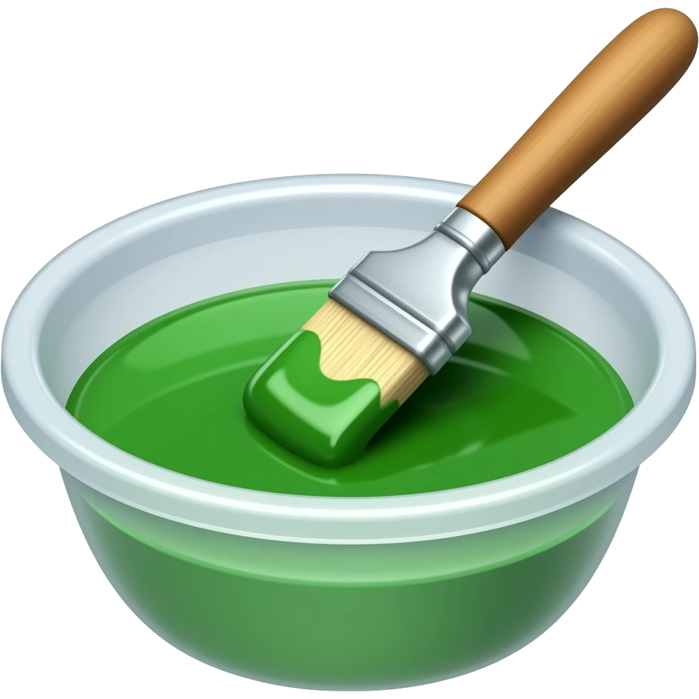 shallow plastic bowl with green paint and brush in it emoji