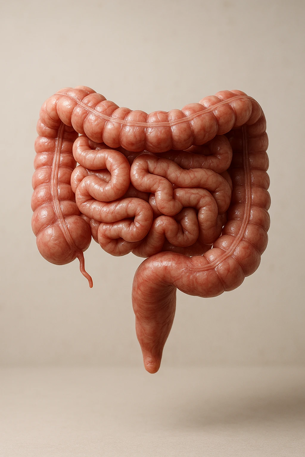 INTESTINO UMANO ANATOMICO REALISTICO FLUTTUA IN ARIA, SFONDO CHIARO, iperrealistico 4k emoji