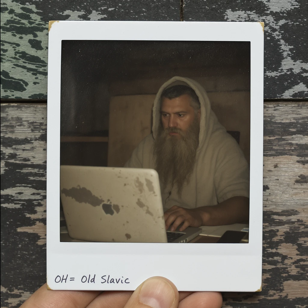 Old Slavic programmer with a laptop made of stone, polaroid photo style emoji
