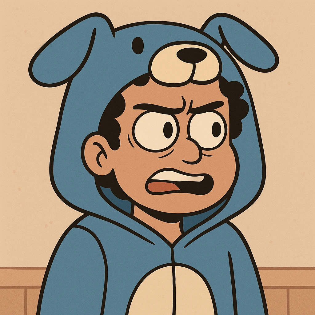 cartoon face of OMZ inspired by the reference image, blue dog onesie hood, curly black hair, brown eyes emoji