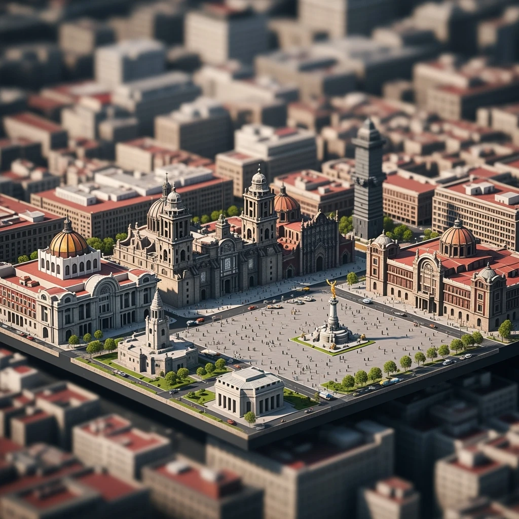 Isometric miniature of Mexico City Zócalo square with Metropolitan Cathedral, Palacio de Bellas Artes, Torre Latinoamericana, Chapultepec Castle, and Angel of Independence, atmosphere of the city 3D miniature effect and Tilt Shift effect, no cartoonish look, transparent background. emoji