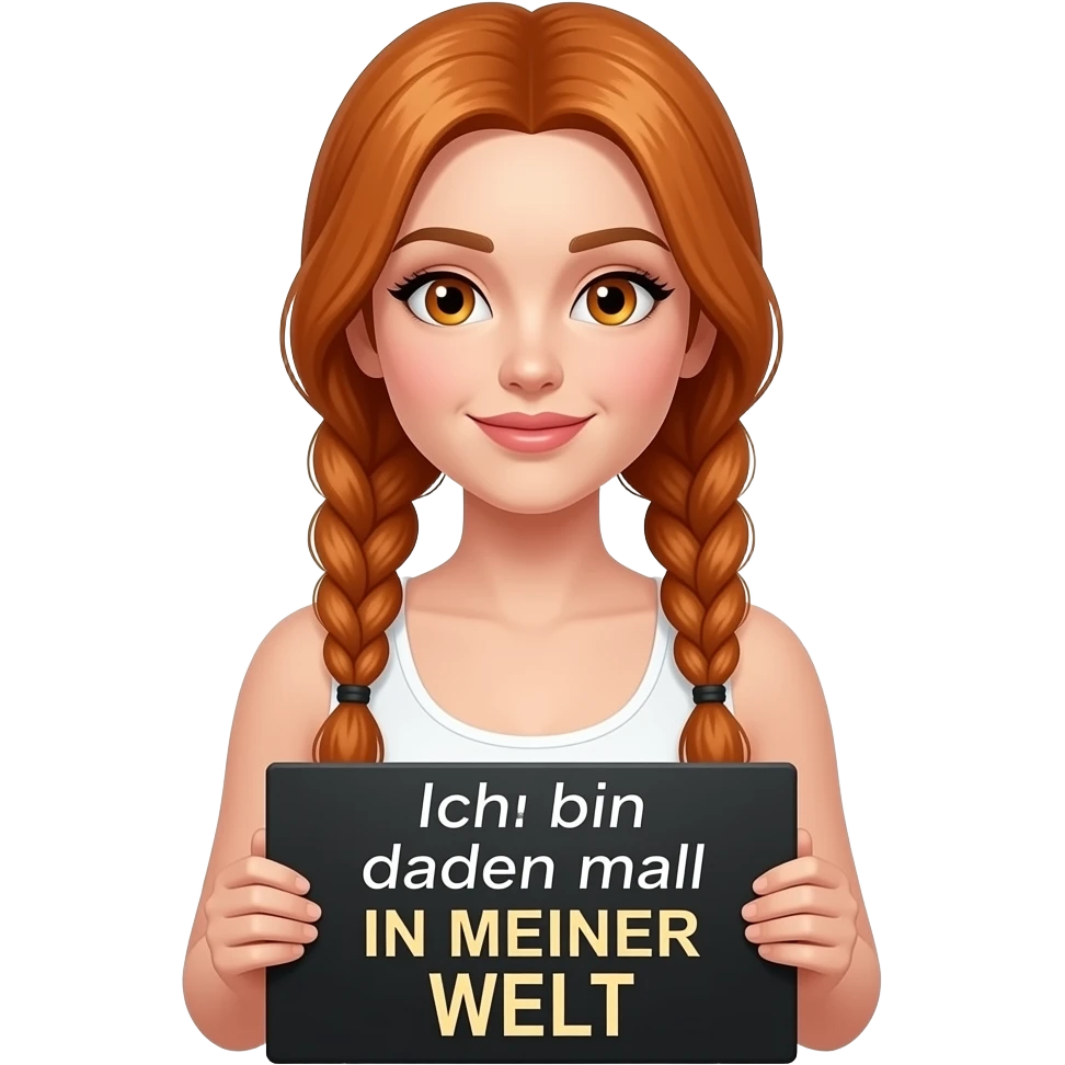 sexy girl with long ginger braids and ginger eyes wearing a white tanktop is holding a black sign with Ich bin dann mal IN MEINER WELT written on it emoji