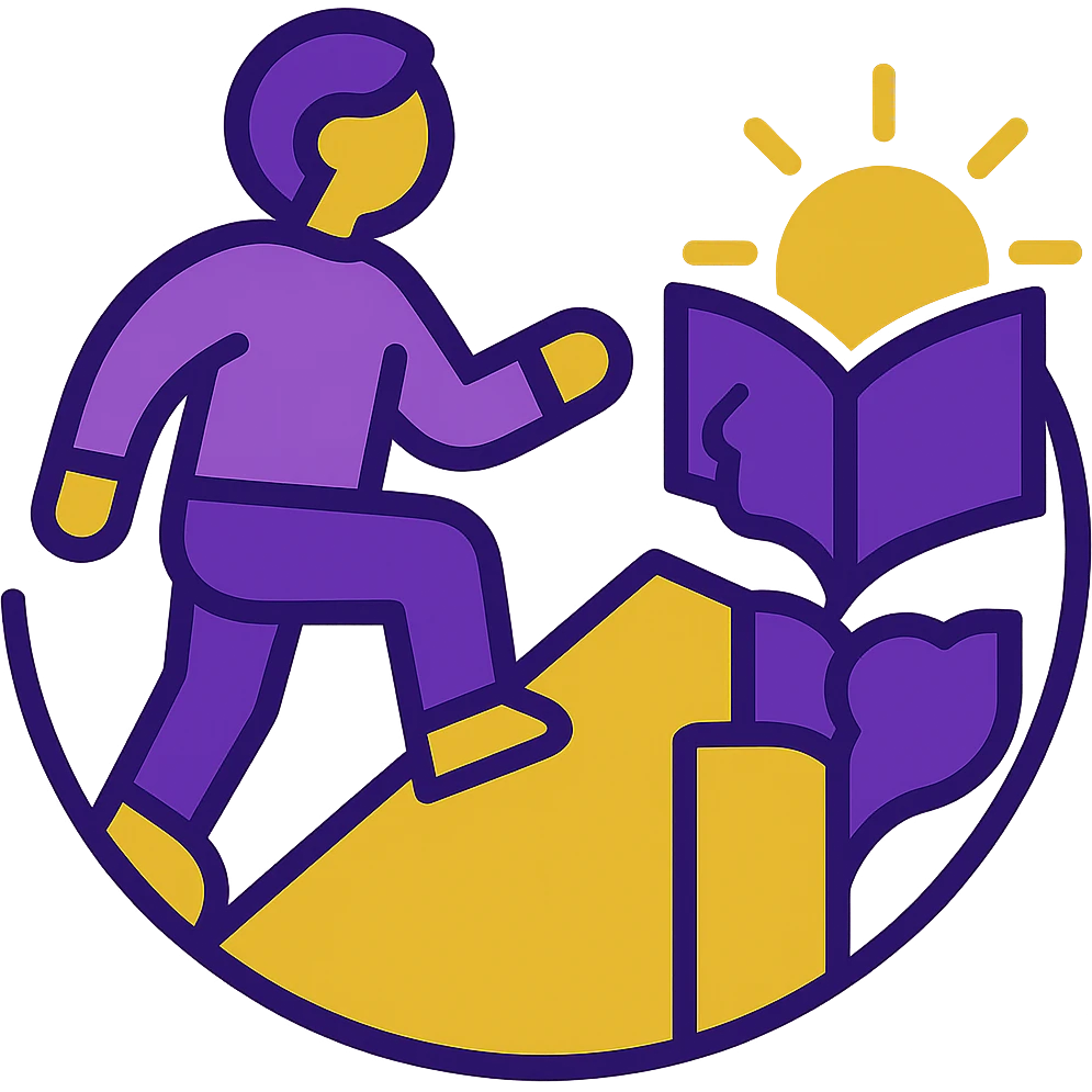 Add a book or brain icon to the self improvement logo. Keep the geometric shapes with a rising sun and a person climbing. Use bold purple and gold colors. No background. Maintain the bold and dynamic style. emoji