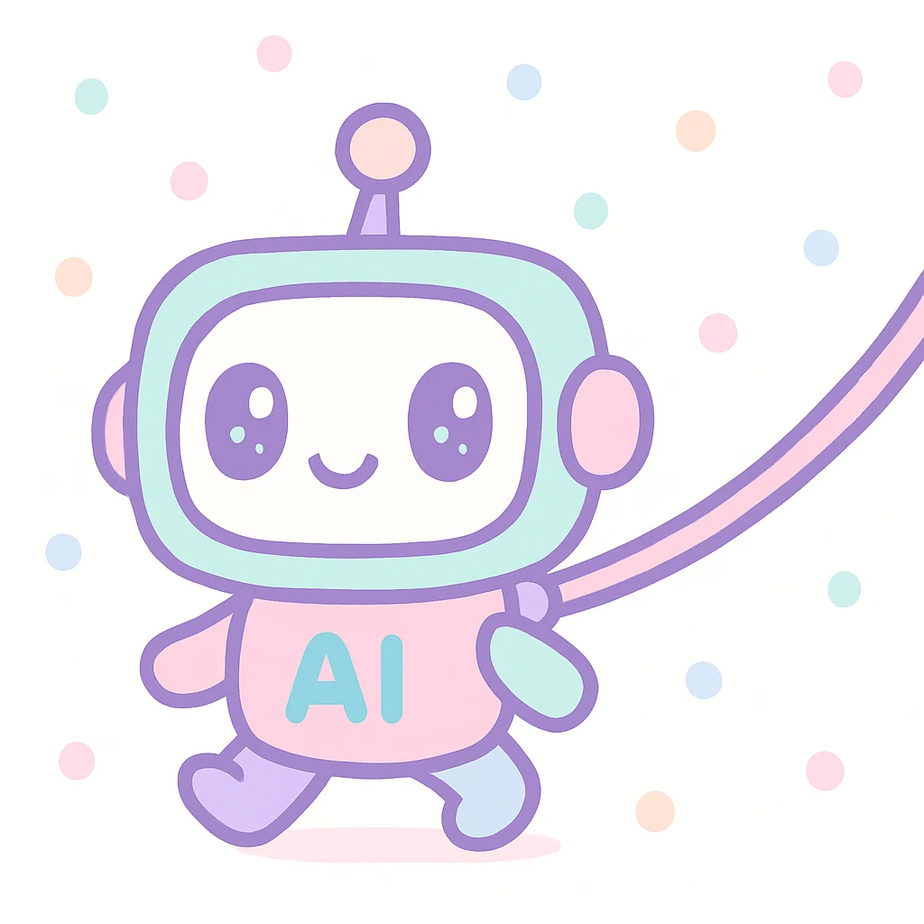 cute AI mascot being walked on a leash, kawaii style, pastel colors emoji