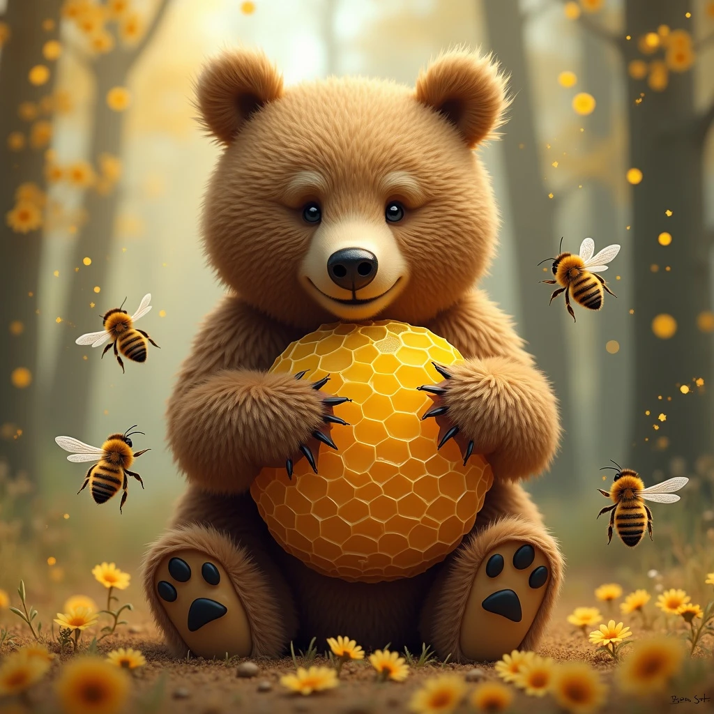 bear eating honeycomb with bees flying around emoji