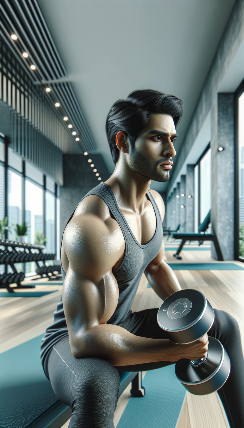 uomo in una palestra che fa un esercizio con manubri da palestra in mano, sfondo chiaro e minimal sfocato della palestra moderna, iperrealistica 4k emoji